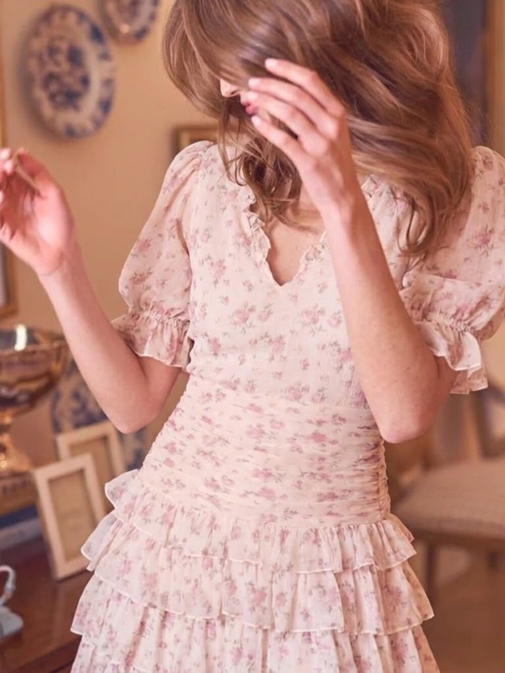 Love Shack Fancy Silk Floral Popover Pink Dress Size 0